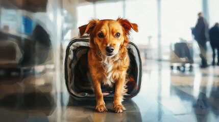 Cute dog with pet carrier at airport. Neural network ai generated art