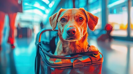 Cute dog with pet carrier at airport. Neural network ai generated art