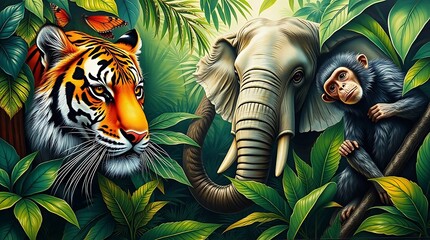 group of wild mammals in a lush tropical jungle, including a tiger, elephant, and monkey. Natural lighting, realistic style, high detail, vibrant colors