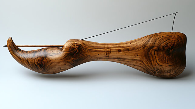 A traditional self bow crafted from a single piece of wood, presented against a clean white backdrop under soft professional studio lighting, emphasizing its simplicity and effectiveness 