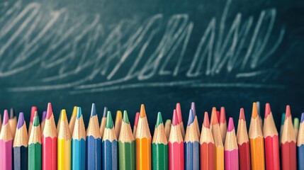 Colorful pencils in front of a blank blackboard. Back to school concept. Education banner
