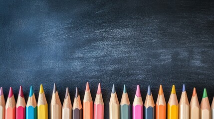 Colorful pencils in front of a blank blackboard. Back to school concept. Education banner