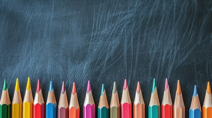 Colorful pencils in front of a blank blackboard. Back to school concept. Education banner