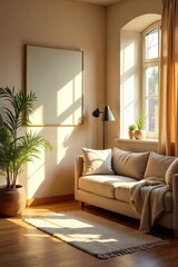 A warm and inviting home interior, sunlight streaming through a window, highlighting cozy furniture and soft textures Perfect for real estate, home d?cor, or lifestyle imagery , nest, living room
