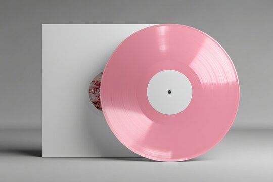 A close-up studio shot of a blank vinyl record with a light pink color and cover, designed with simplicity for retro music enthusiasts and album art appreciation.