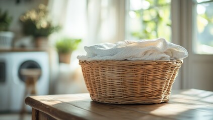 Light-filled laundry room scene.  A wicker basket filled with white clothes sits on a wooden table