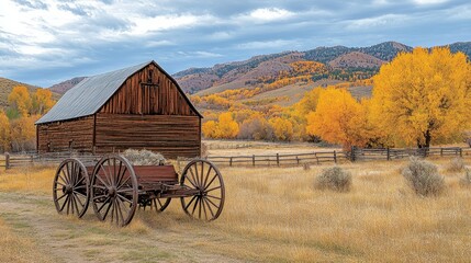 Fototapeta premium Rustic wooden barn and wagon in autumnal landscape