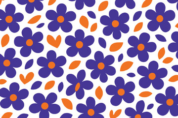 Seamless Pattern Purple Flowers Orange Leaves Hearts