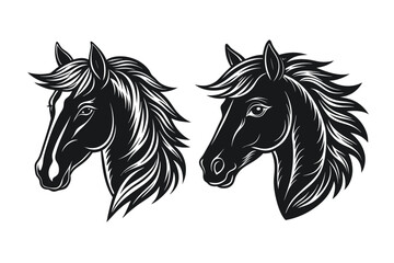  Silhouette set of horse head illustration on white background 