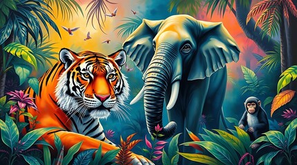 group of wild mammals in a lush tropical jungle, including a tiger, elephant, and monkey. Natural lighting, realistic style, high detail, vibrant colors