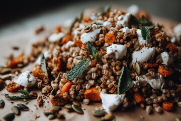 A vibrant and appetizing salad featuring whole wheat grains, roasted carrots, creamy cheese, fresh mint leaves, and pumpkin seeds, presented on a rustic surface.