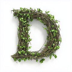 Letter D shaped made from tree branches organic nature concept, isolated white