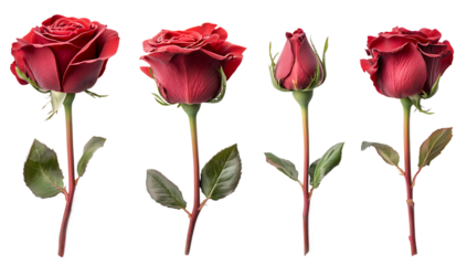 Four red roses in different stages isolated on a white background