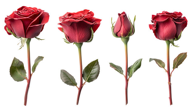 Four red roses in different stages isolated on a white background