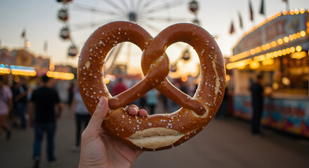 Giant Soft Pretzel Held Against Fairground Ferris Wheel Blur
