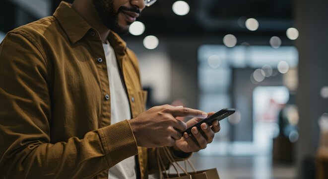 Man Using Smartphone While Shopping, Mobile Shopping Experience, Online Retail, Digital Consumer, Ecommerce Trends