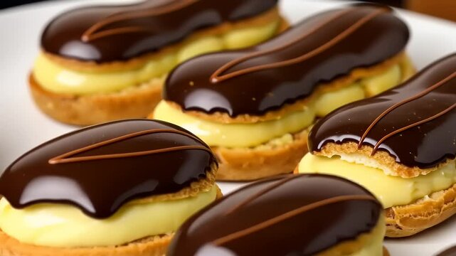 Delicious chocolate-covered eclairs filled with creamy custard displayed on a white plate