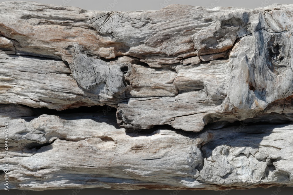 Aufkleber close-up of a weathered driftwood log shows intricate patterns and natural textures, creating a rust