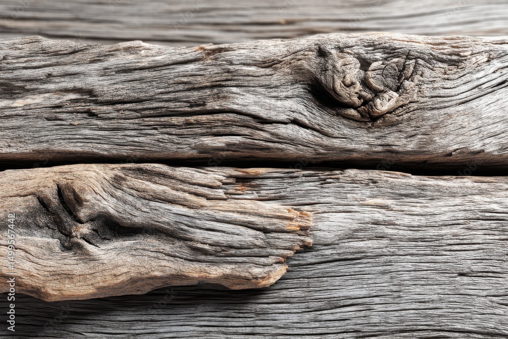 Poster close-up of weathered and textured driftwood, showcasing the intricate patterns and natural aging pr