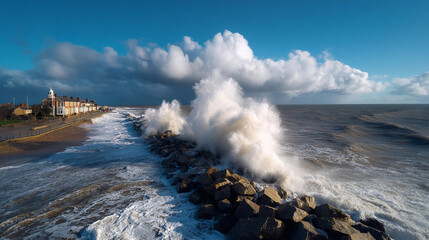 Waves crashing against rocks along a coastal promenade at sunset