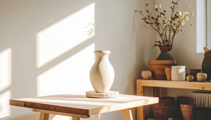 A delicate vase sits on a wooden table, illuminated by warm sunlight, showcasing creativity.