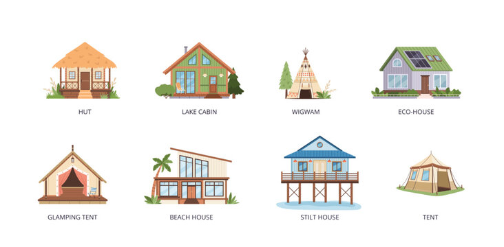 Set of suburban buildings in flat style. Isolated clip art on white background for vacation, eco-living, architecture, rural concepts. Hut, lake cabin, wigwam, glamping tent, beach and stilt house.