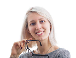 Pretty young woman analyst holding glasses in her hand isolated on transparent background. Business growth and progress