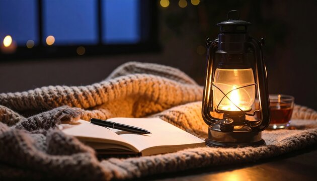 Glimmers of warm light enhance a cozy atmosphere as tea brews beside an open journal.
