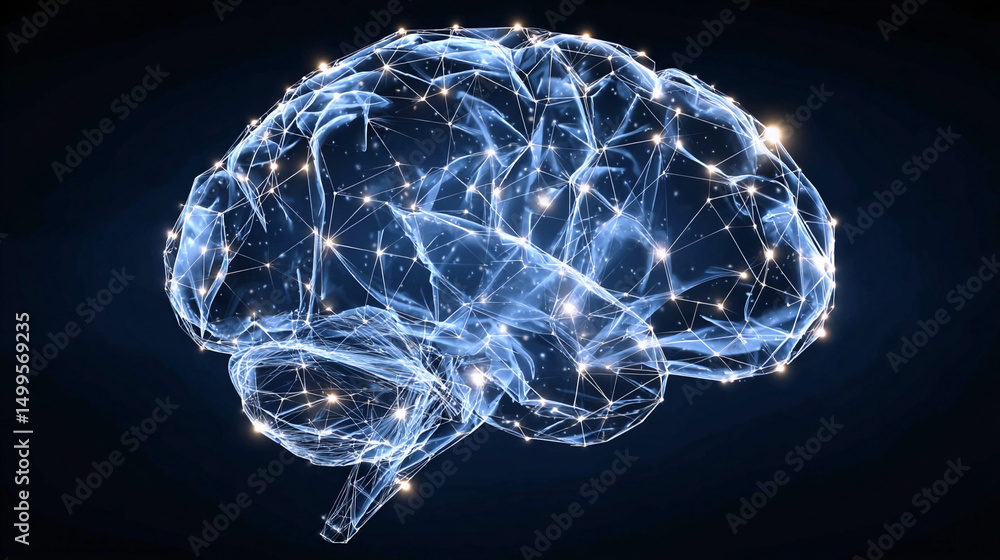 Poster visualization of a connected brain made of light and nodes