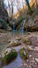 Autumn Waterfall Scene Two Cascading Waterfalls in a Mossy Forest Pool