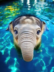 Baby Elephant Swimming in Turquoise Water Close Up