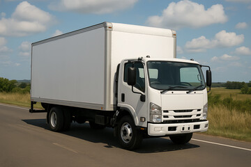 White Freight Delivery Truck on Urban Background Street