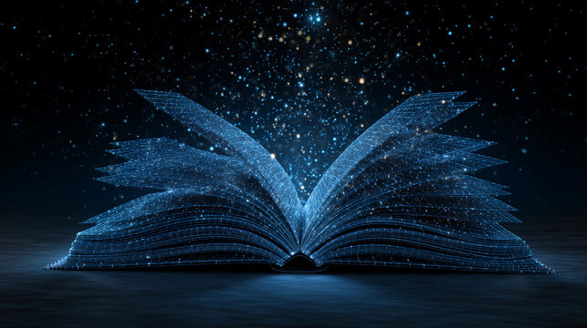 Digital book opens, releasing sparkling stars into the night sky