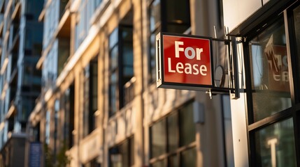 Modern apartment building with for lease sign in focus, urban real estate rental property and commercial space vacancy concept.