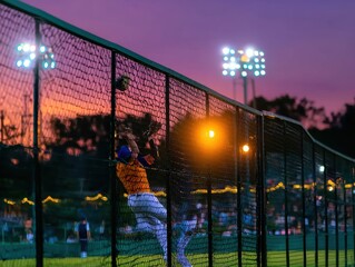Baseball Player Catching Ball at Dusk Warmly Lit Action Shot Near Fence
