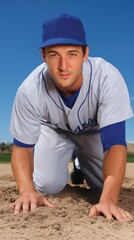 Baseball Player Kneeling on Field in Bright Sunlight