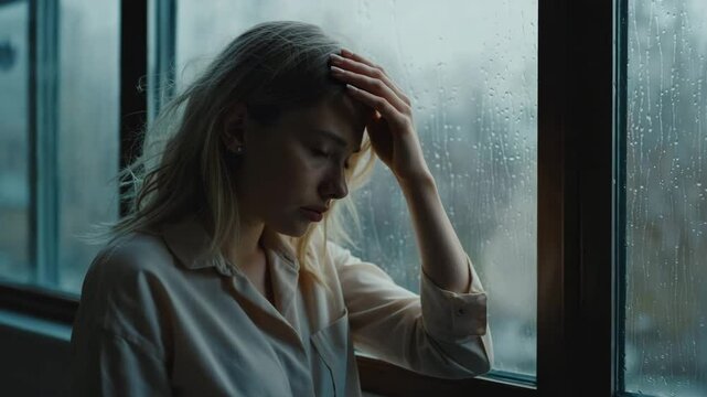 A sad adult female stands by the glass as raindrops fall outside in muted daylight. Concept of depression and introspective sorrow.
