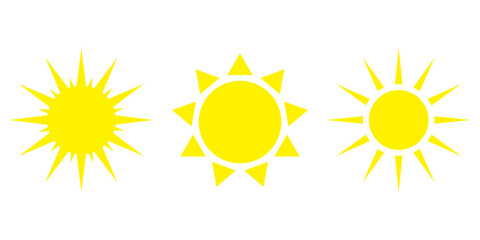 Sun icon set. Vector flat design. Collection of sun stars for use in as logo or weather icon. Yellow suns circles, bright natural lighting objects.