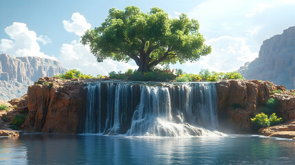 Tree atop a rocky cascade spills into a serene pool under a sunny sky with mountainous background