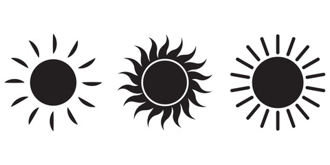 Sun icon set in Black color on white background. Sun simple icons collection. Black sun icon set, sunshine and solar glow, sunrise or sunset. Vector illustration.