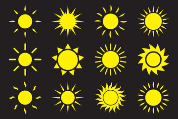 Sun icon set. Vector flat design. Collection of sun stars for use in as logo or weather icon. Yellow suns circles, bright natural lighting objects.