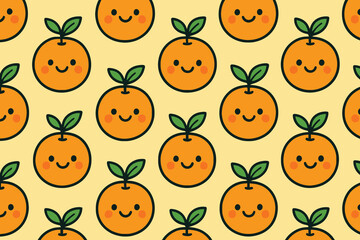 Seamless Pattern of Cute Smiling Oranges with Leaves