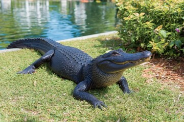 Black Alligator Basking in the Sun Near a Pond