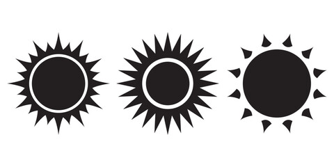 Sun icon set in Black color on white background. Sun simple icons collection. Black sun icon set, sunshine and solar glow, sunrise or sunset. Vector illustration.