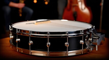 Black Banjo on Wooden Surface with Blurred Musicians in Background