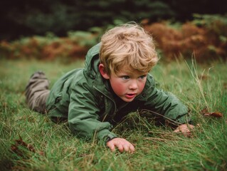 Blond Boy Crawling on Green Grassy Field Outdoor Playful Exploration