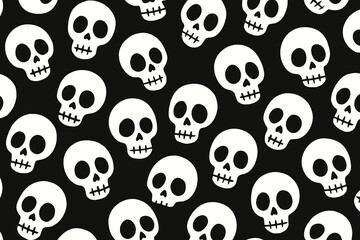 Seamless Pattern of Cute Cartoon Skulls on Black Background