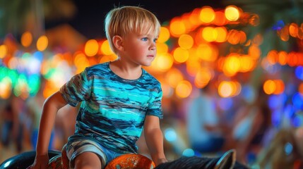 Blond Boy on Carnival Ride at Night with Colorful Lights