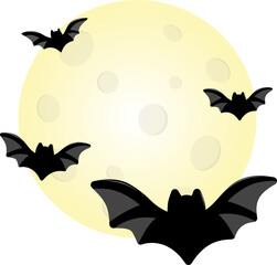 Bats flying around the full moon on a transparent background, Halloween bat silhouettes with a big yellow moon