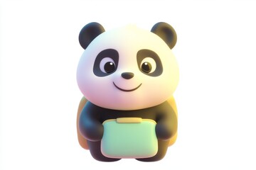 Fototapeta premium 3D cartoon panda pencil case icon in black and white with bamboo design, ultra-detailed, high-definition, isometric view.